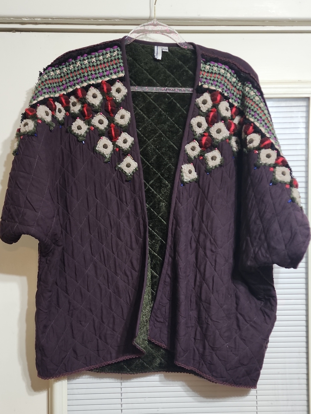 Open-Front Quilted Purple Women's Cardigan with Floral Crochet Detail